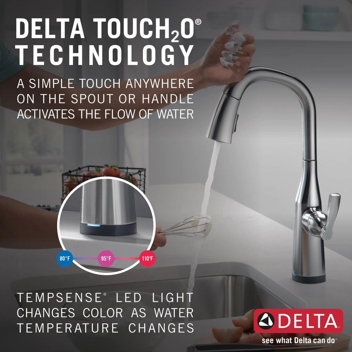 DELTA Stryke Single Handle Pull-Down Bar/Prep Faucet with Touch2O Technology — Lumicoat® Arctic Stainless