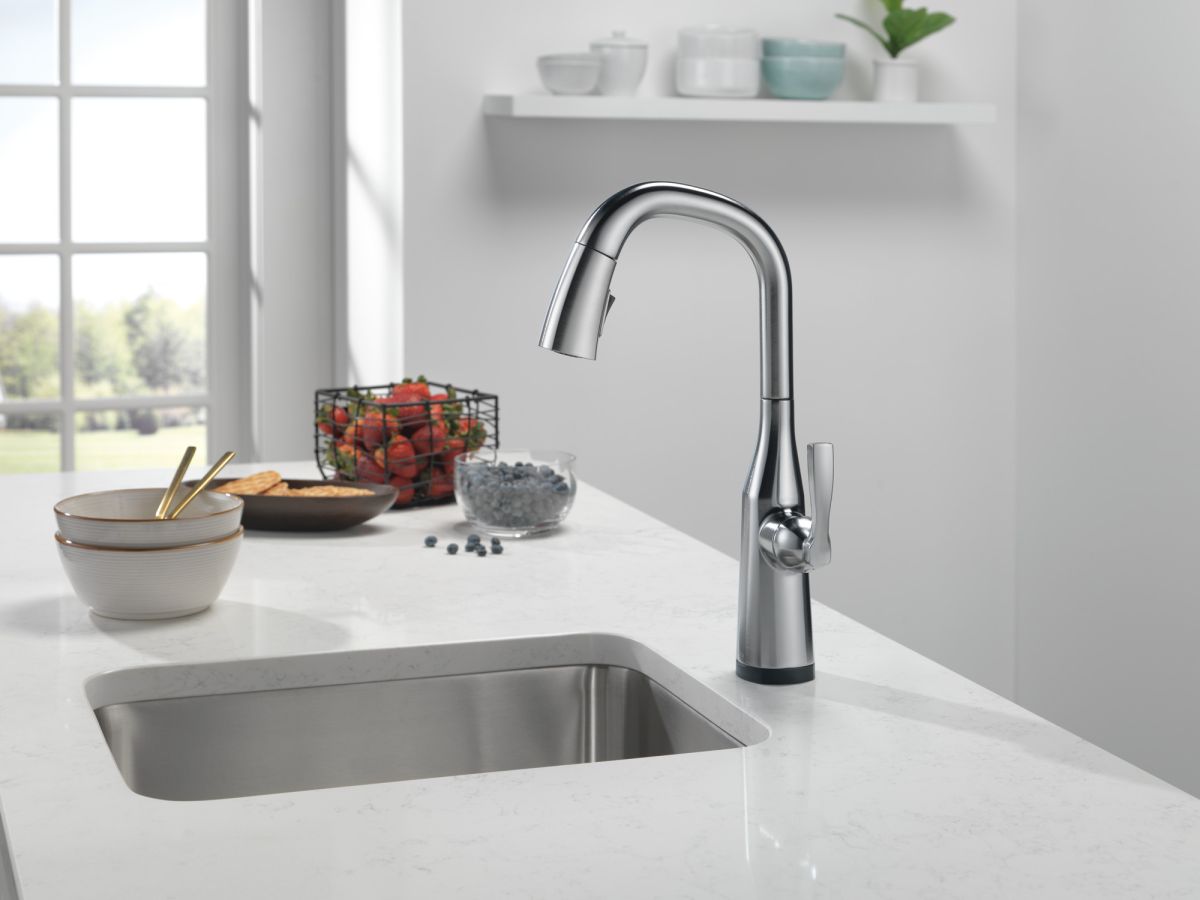 DELTA Stryke Single Handle Pull-Down Bar/Prep Faucet with Touch2O Technology — Lumicoat® Arctic Stainless