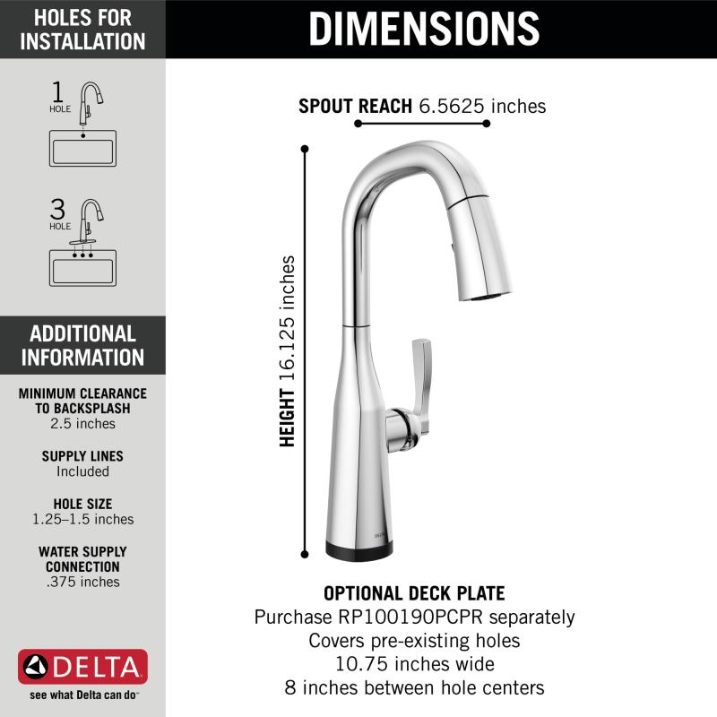 DELTA Stryke Single Handle Pull-Down Bar/Prep Faucet with Touch2O Technology — Lumicoat® Chrome
