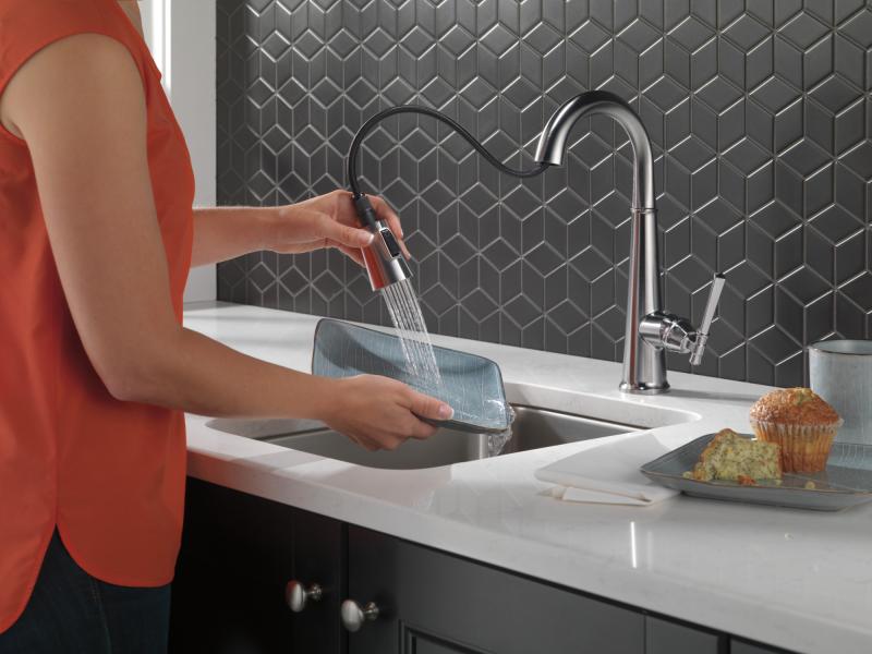 DELTA Emmeline Single Handle Pull-Down Bar/Prep Faucet — Lumicoat® Arctic Stainless