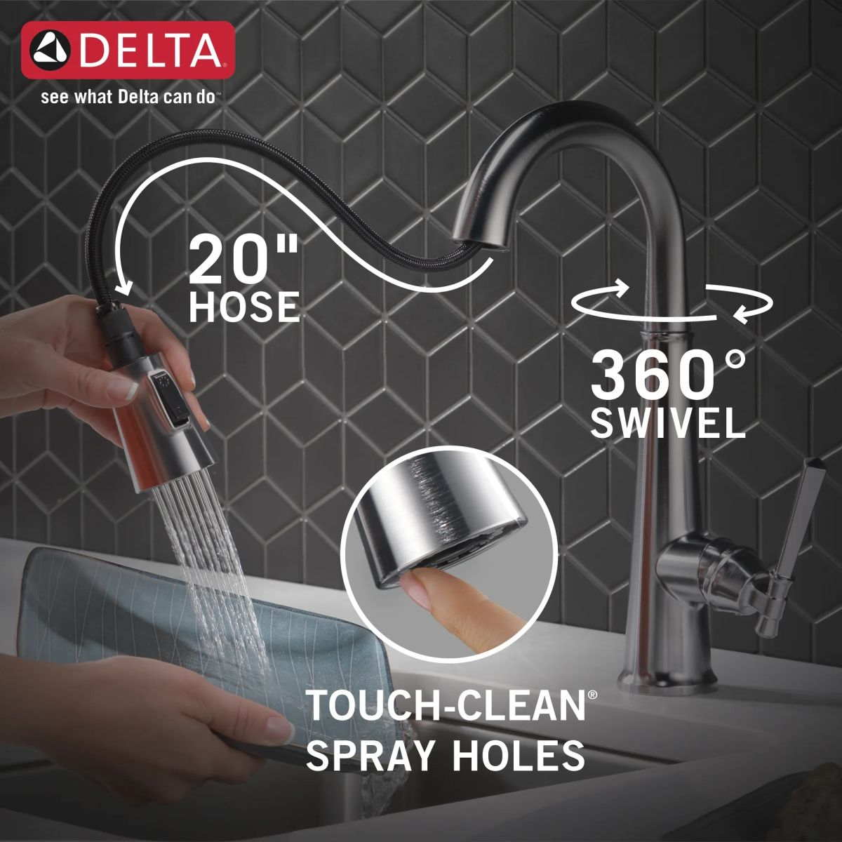 DELTA Emmeline Single Handle Pull-Down Bar/Prep Faucet — Lumicoat® Arctic Stainless