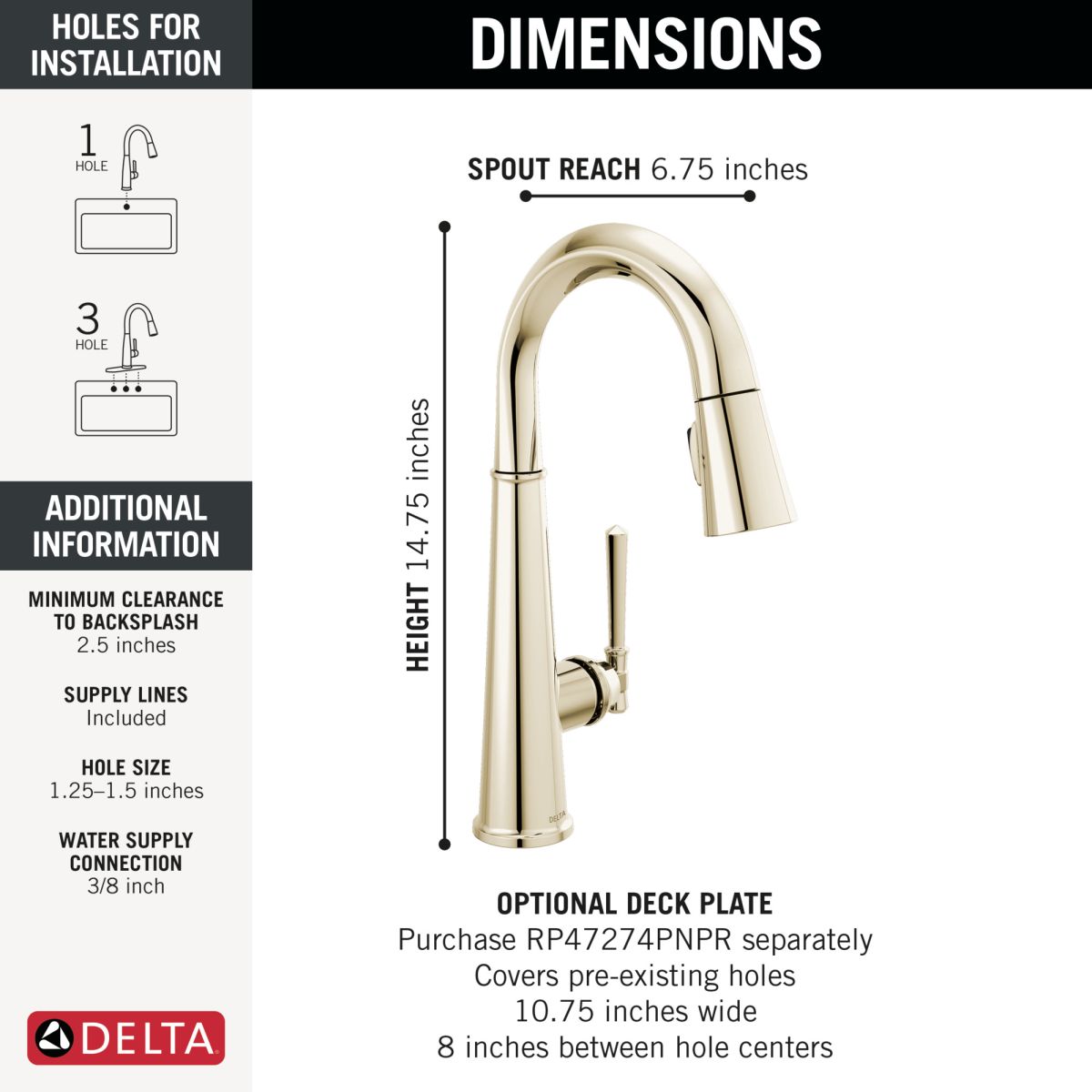 DELTA Emmeline Single Handle Pull-Down Bar / Prep Faucet — Lumicoat® Polished Nickel