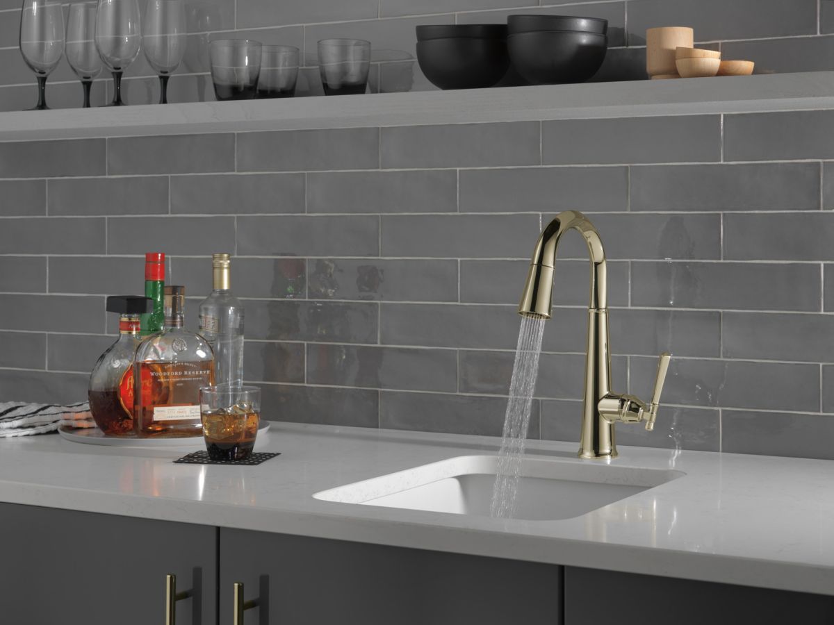 DELTA Emmeline Single Handle Pull-Down Bar / Prep Faucet — Lumicoat® Polished Nickel