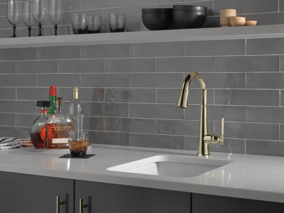 DELTA Emmeline Single Handle Pull-Down Bar / Prep Faucet — Lumicoat® Polished Nickel