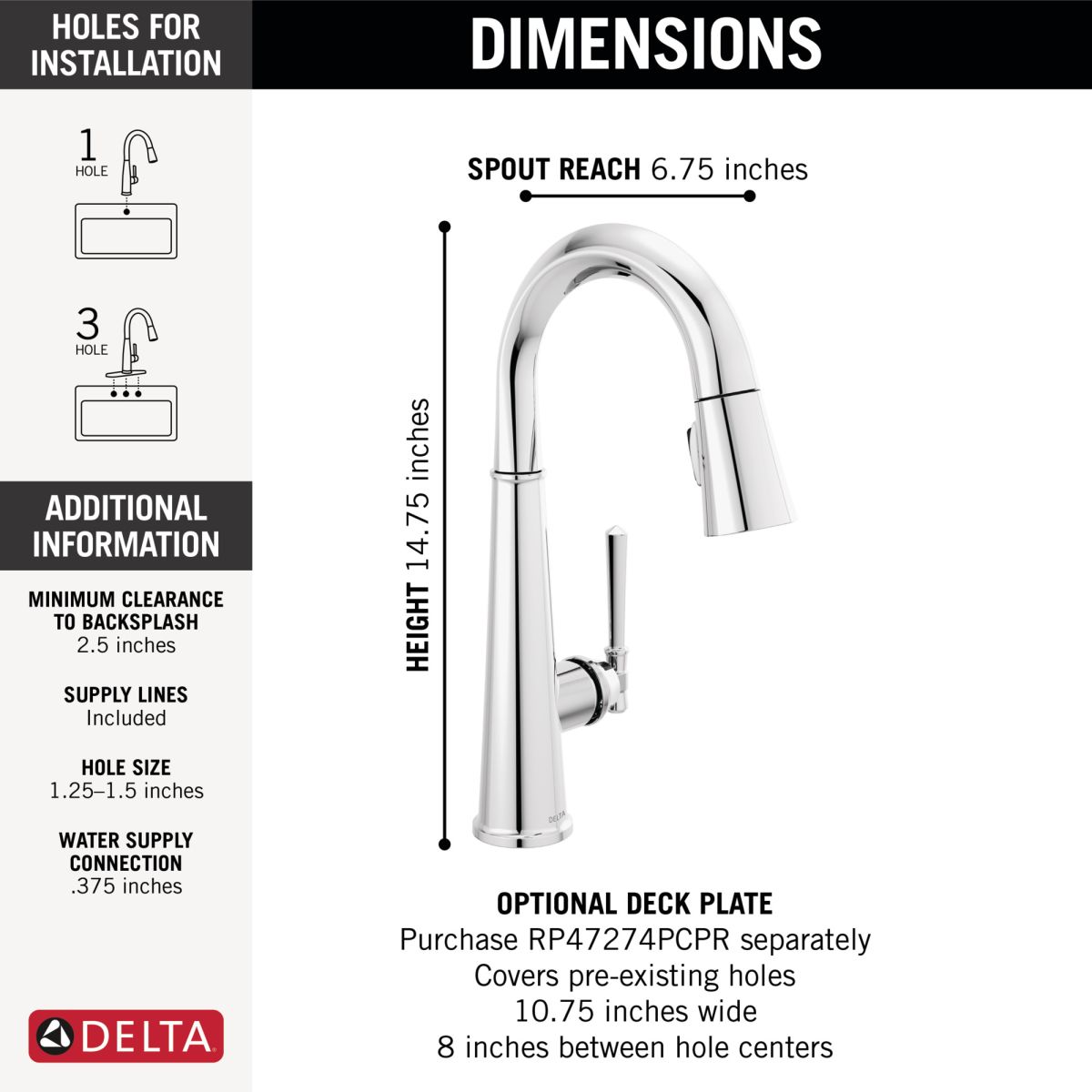 DELTA Emmeline Single Handle Pull-Down Bar/Prep Faucet — Lumicoat® Chrome