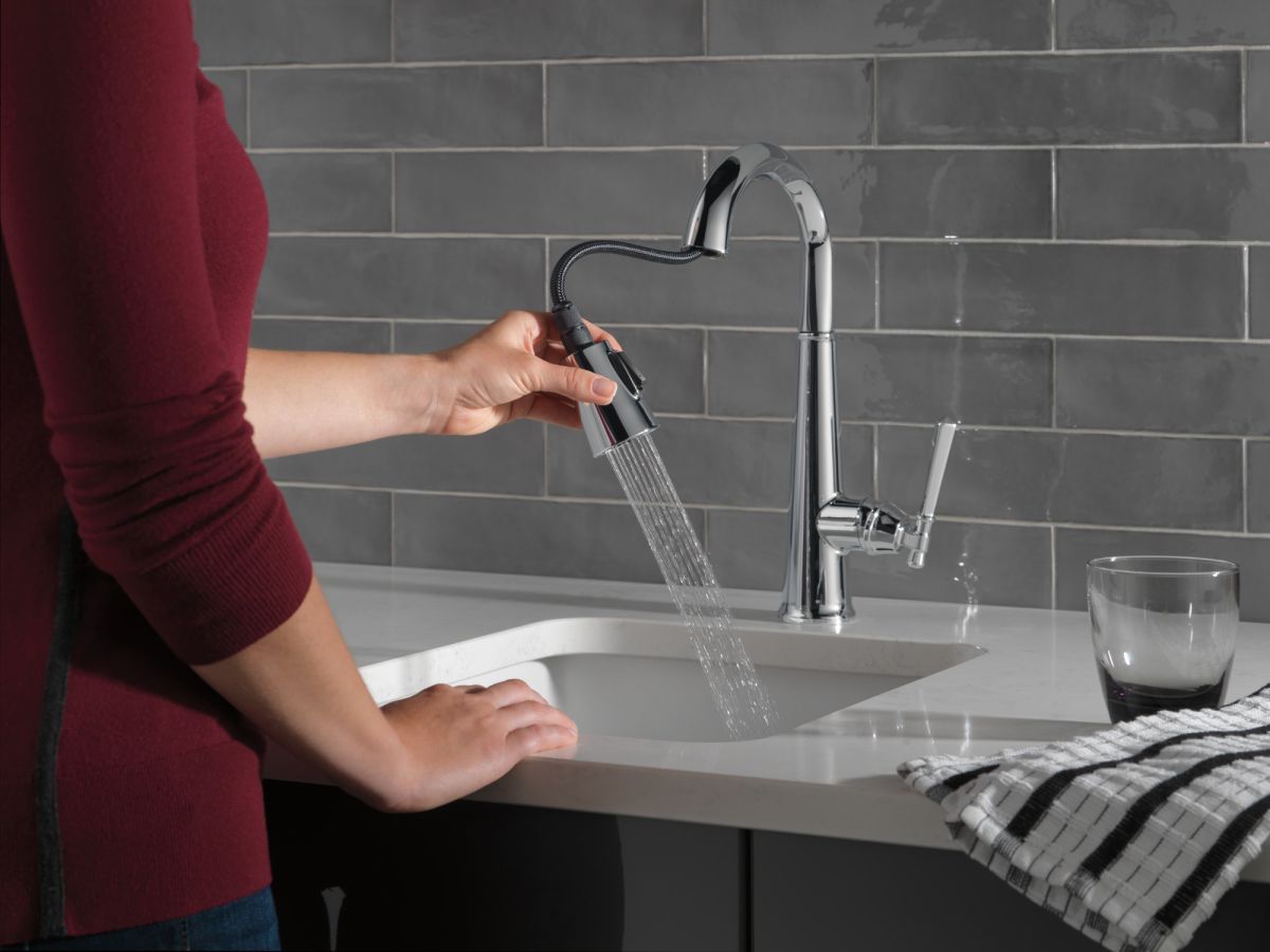 DELTA Emmeline Single Handle Pull-Down Bar/Prep Faucet — Lumicoat® Chrome