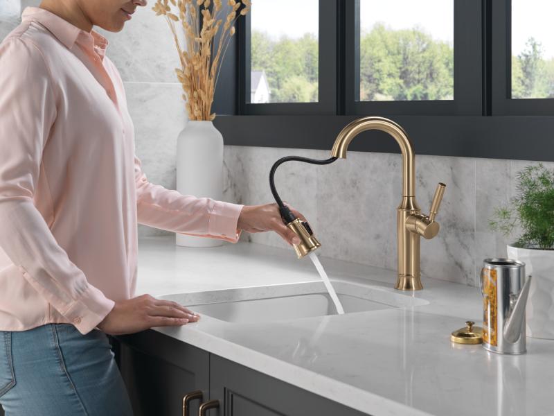 DELTA Renaldi Single Handle Pull-Down Bar / Prep Faucet — Lumicoat® Champagne Bronze
