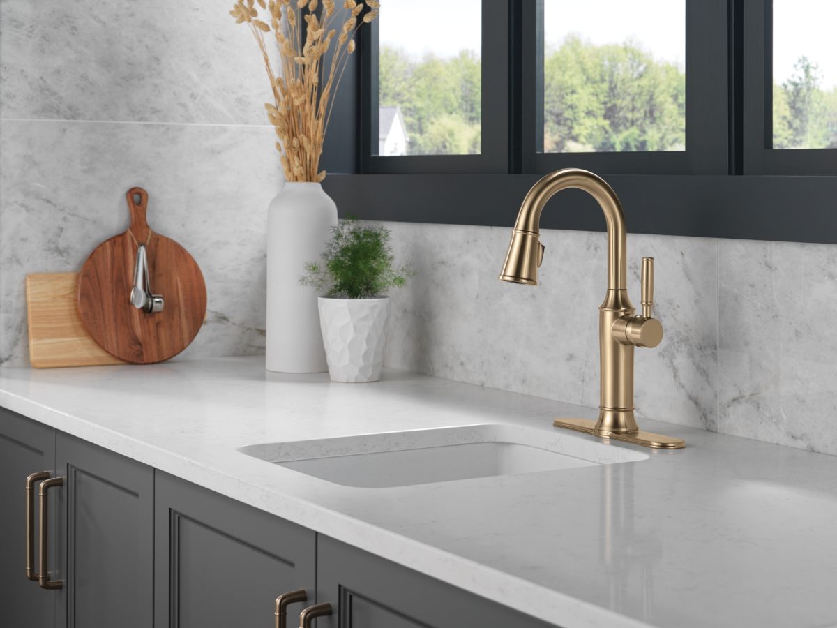 DELTA Renaldi Single Handle Pull-Down Bar / Prep Faucet — Lumicoat® Champagne Bronze