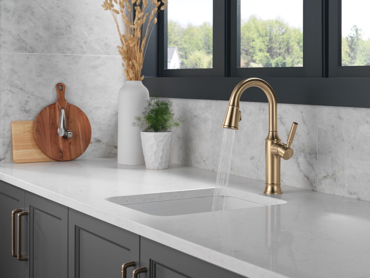 DELTA Renaldi Single Handle Pull-Down Bar / Prep Faucet — Lumicoat® Champagne Bronze
