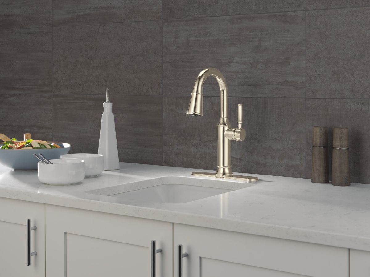 DELTA Renaldi Single Handle Pull-Down Bar / Prep Faucet — Lumicoat® Polished Nickel