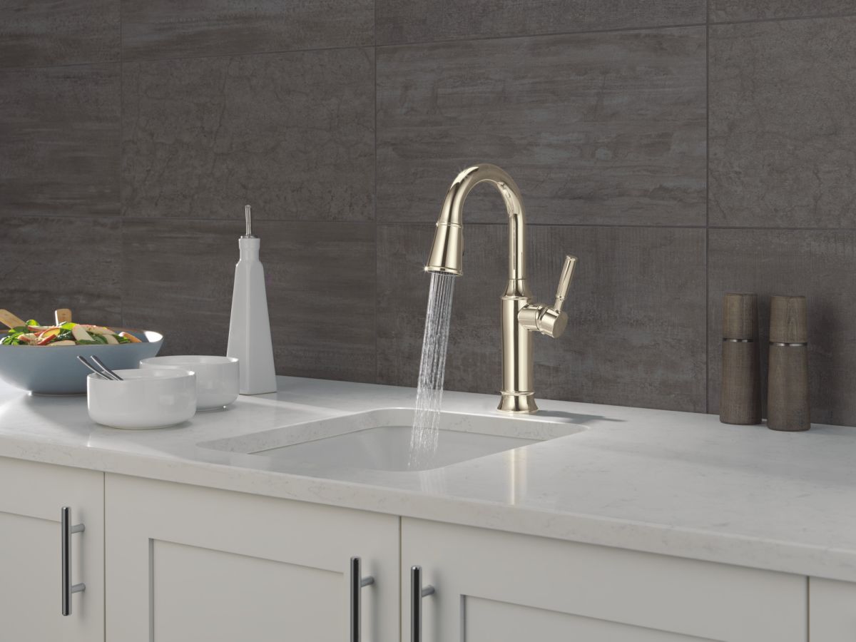 DELTA Renaldi Single Handle Pull-Down Bar / Prep Faucet — Lumicoat® Polished Nickel
