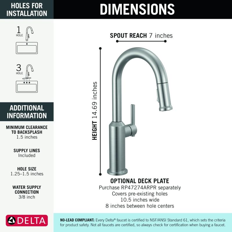 DELTA Cordova Single Handle Pull-Down Bar/Prep Faucet — Lumicoat® Arctic Stainless
