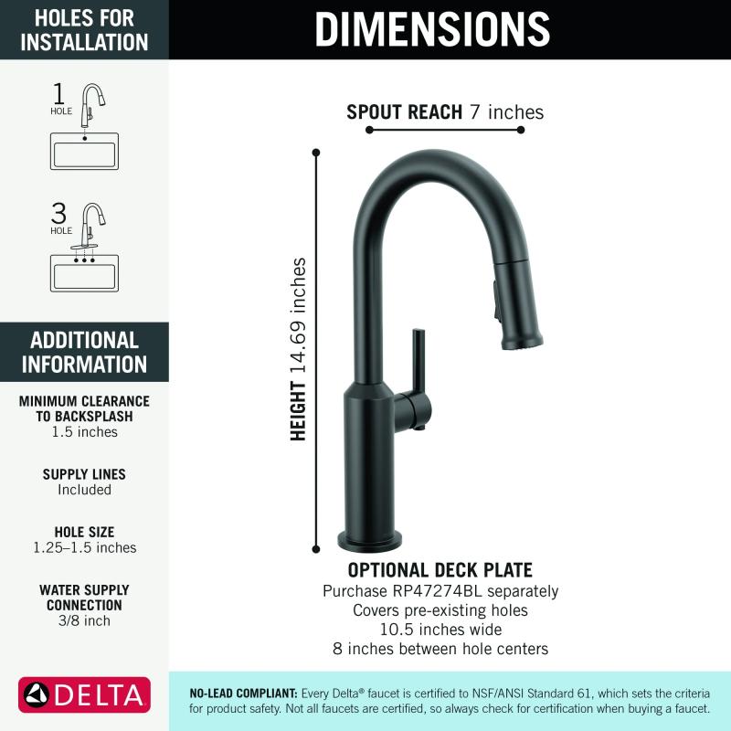 DELTA Cordova Single Handle Pull-Down Bar/Prep Faucet — Matte Black