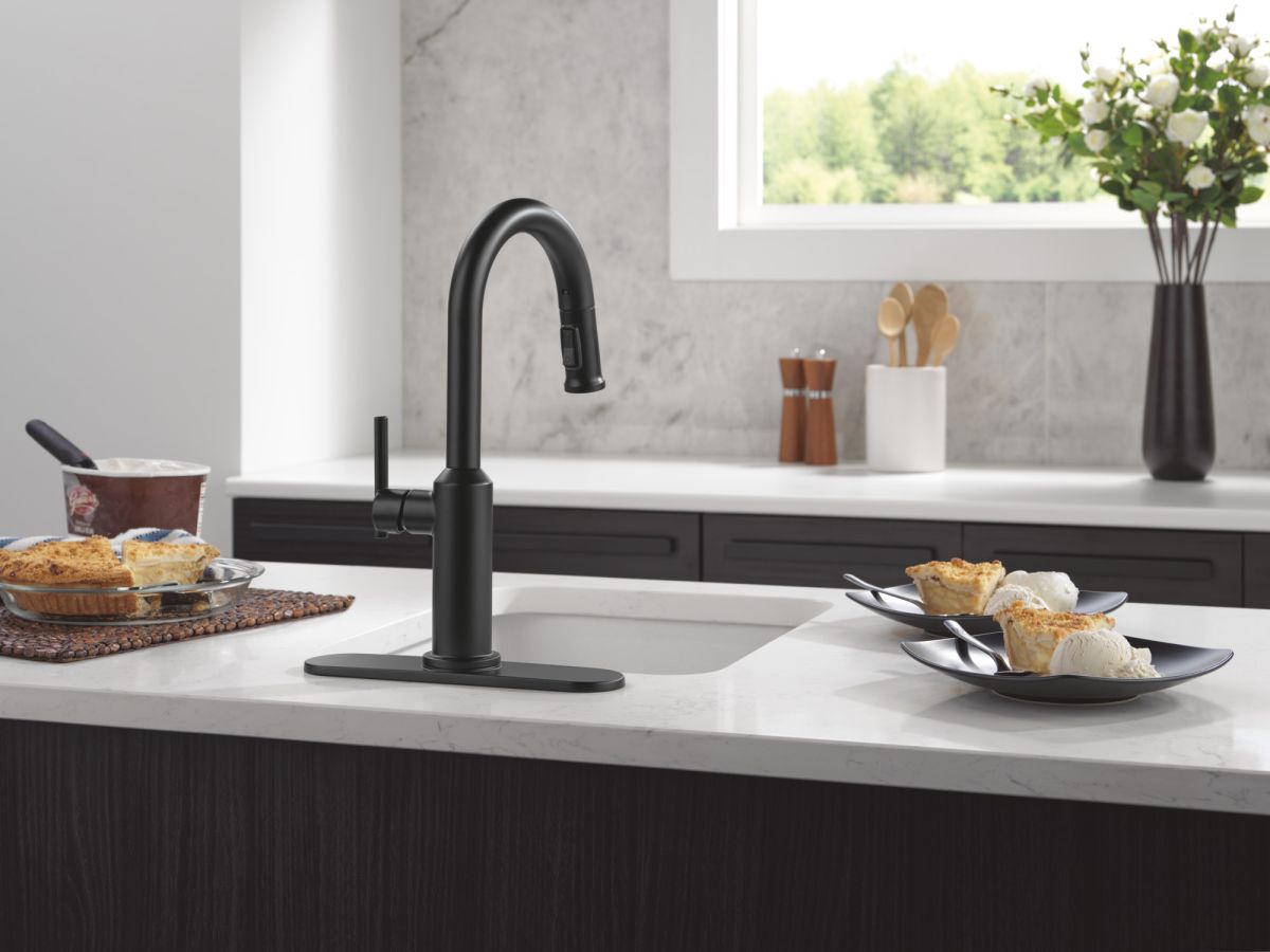 DELTA Cordova Single Handle Pull-Down Bar/Prep Faucet — Matte Black