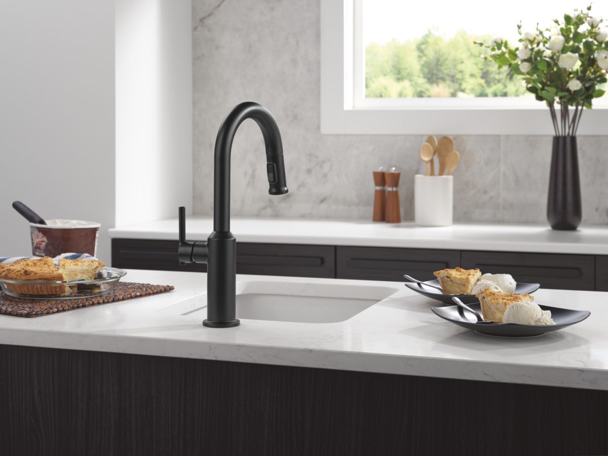 DELTA Cordova Single Handle Pull-Down Bar/Prep Faucet — Matte Black