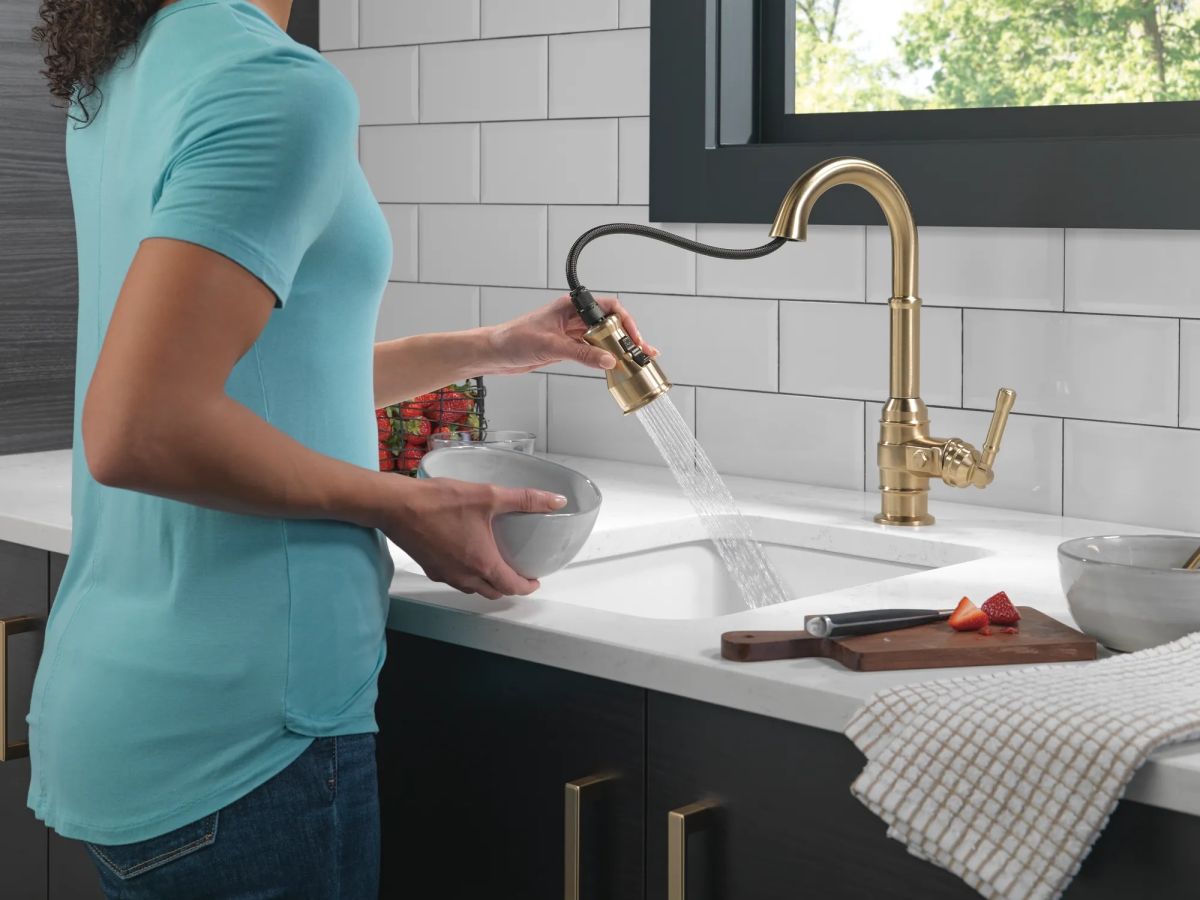 DELTA Broderick Single Handle Pull-Down Bar/Prep Faucet — Champagne Bronze