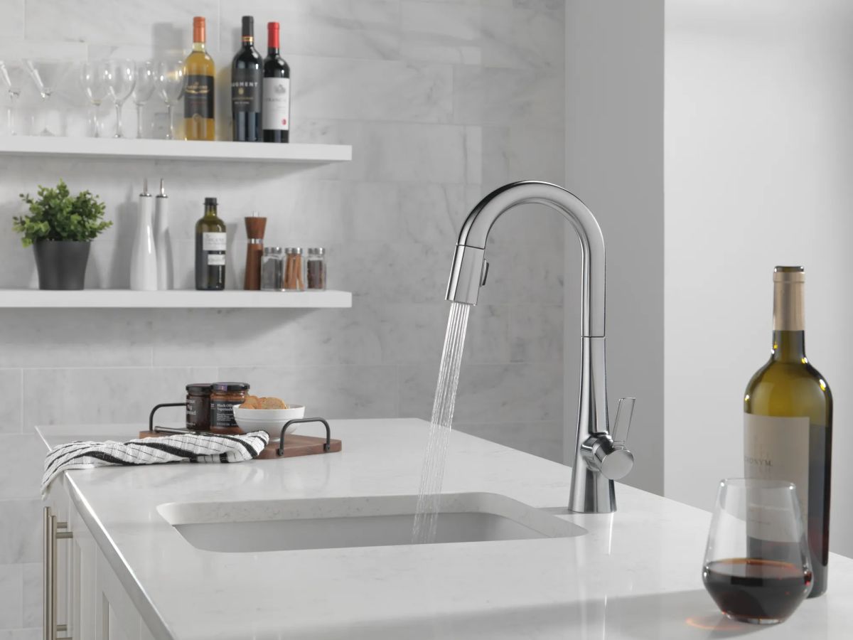 DELTA Monrovia Single Handle Pull-Down Bar/Prep Faucet — Lumicoat® Arctic Stainless