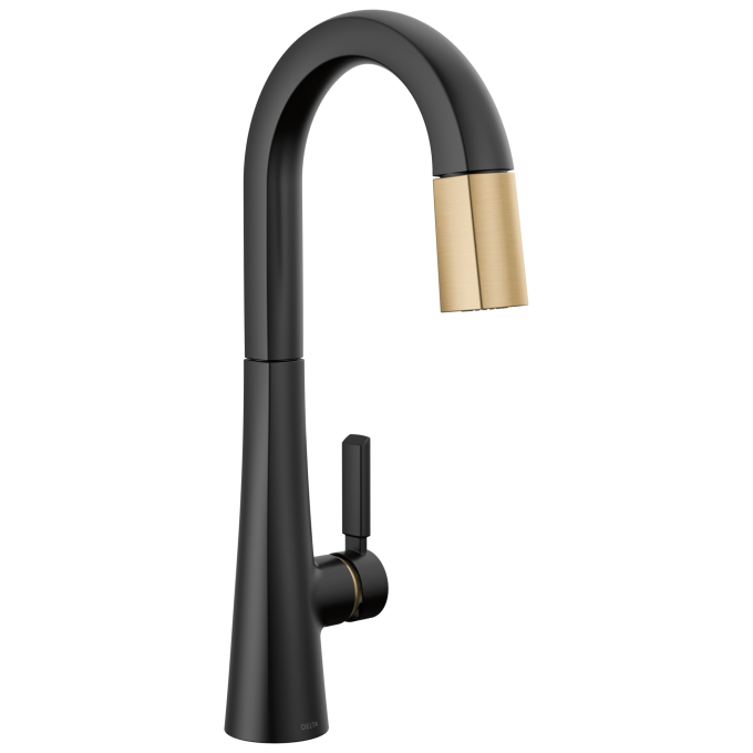 DELTA Monrovia Single Handle Pull-Down Bar / Prep Faucet — Matte Black / Champagne Bronze