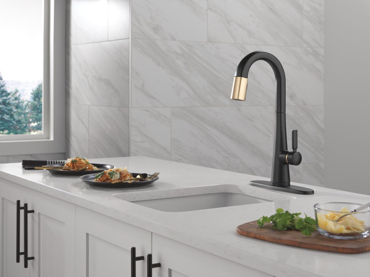 DELTA Monrovia Touch2O Bar / Prep Faucet with Touchless Technology — Matte Black / Champagne Bronze
