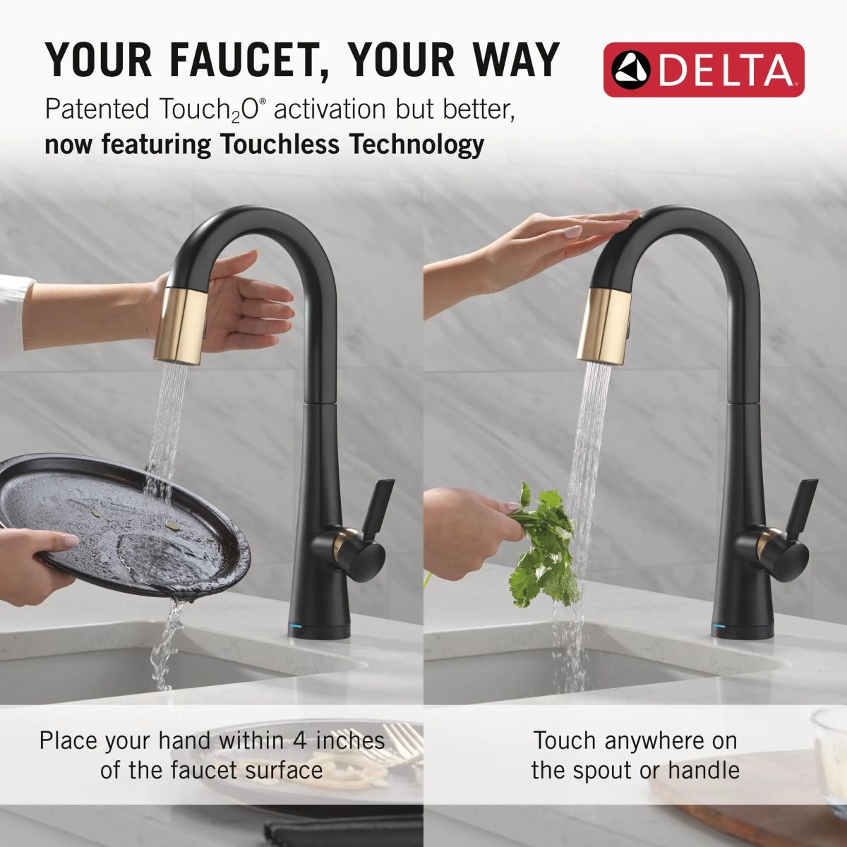 DELTA Monrovia Touch2O Bar / Prep Faucet with Touchless Technology — Matte Black / Champagne Bronze