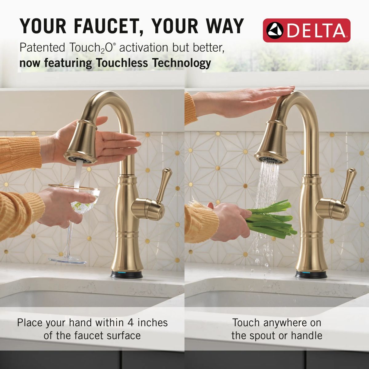 DELTA Cassidy Touch2O Bar / Prep Faucet with Touchless Technology — Lumicoat® Champagne Bronze