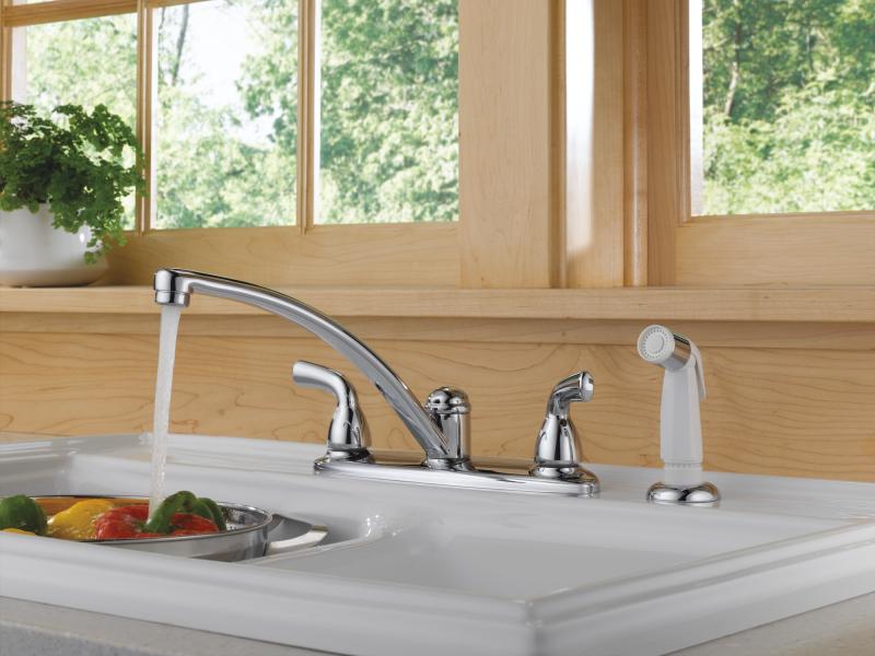 DELTA Foundations Two Handle Kitchen Faucet with Spray — Chrome