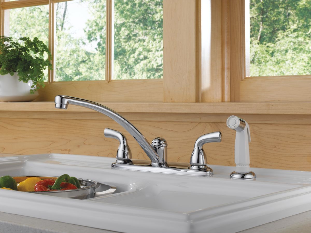 DELTA Foundations Two Handle Kitchen Faucet with Spray — Chrome