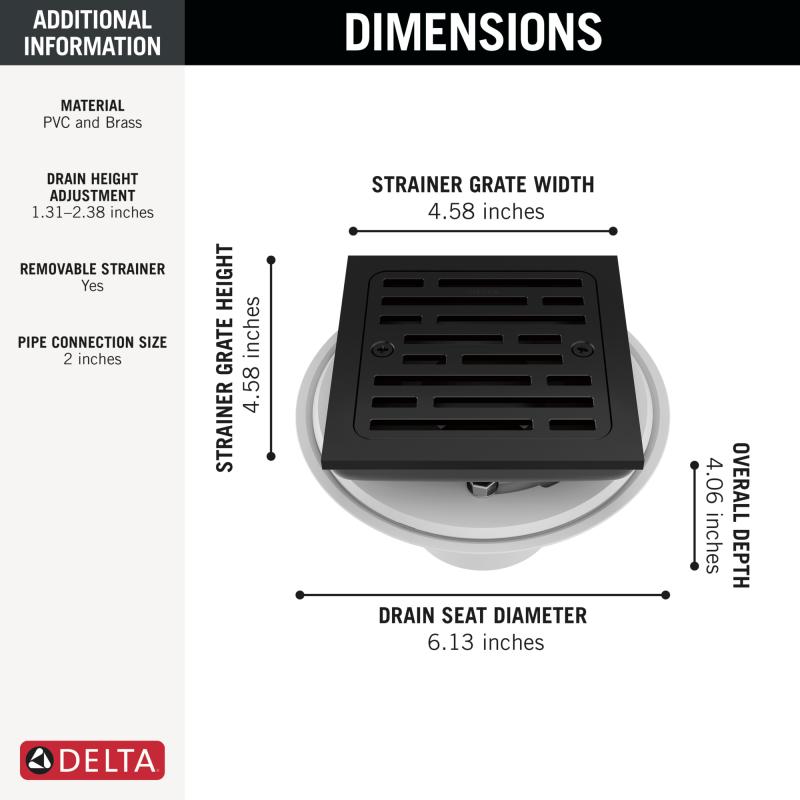 DELTA 4" Tile-In Square Shower Drain — Matte Black