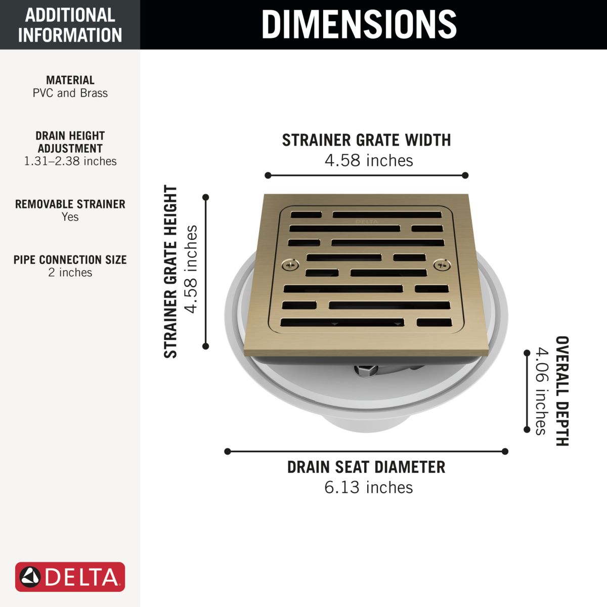 DELTA 4" Tile-In Square Shower Drain — Champagne Bronze
