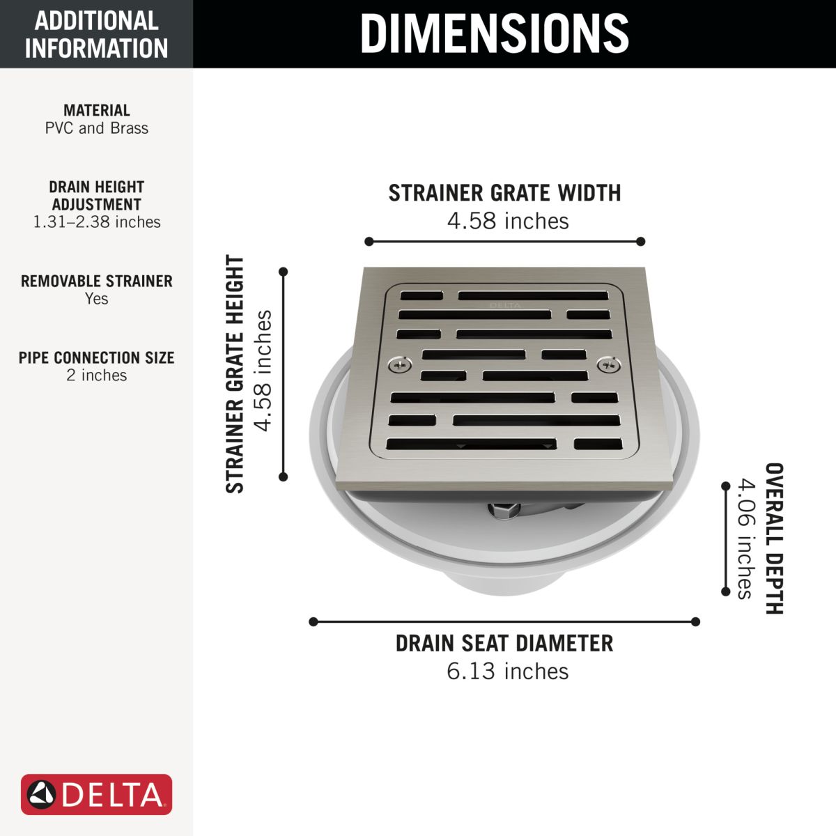 DELTA 4" Tile-In Square Shower Drain — Stainless