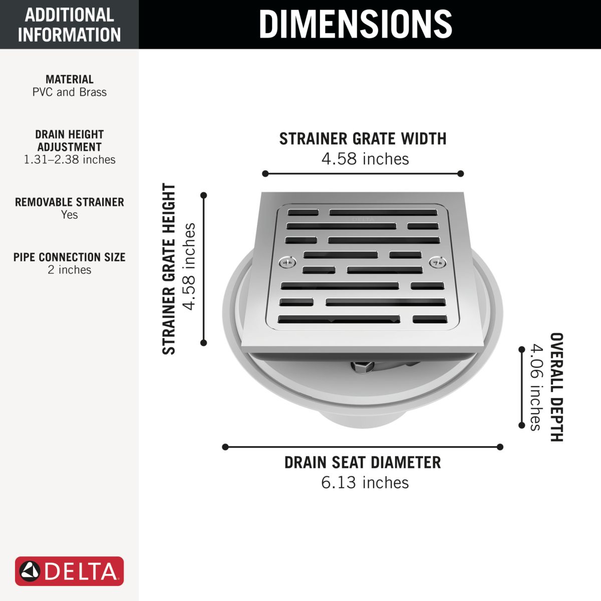 DELTA 4" Tile-In Square Shower Drain — Chrome