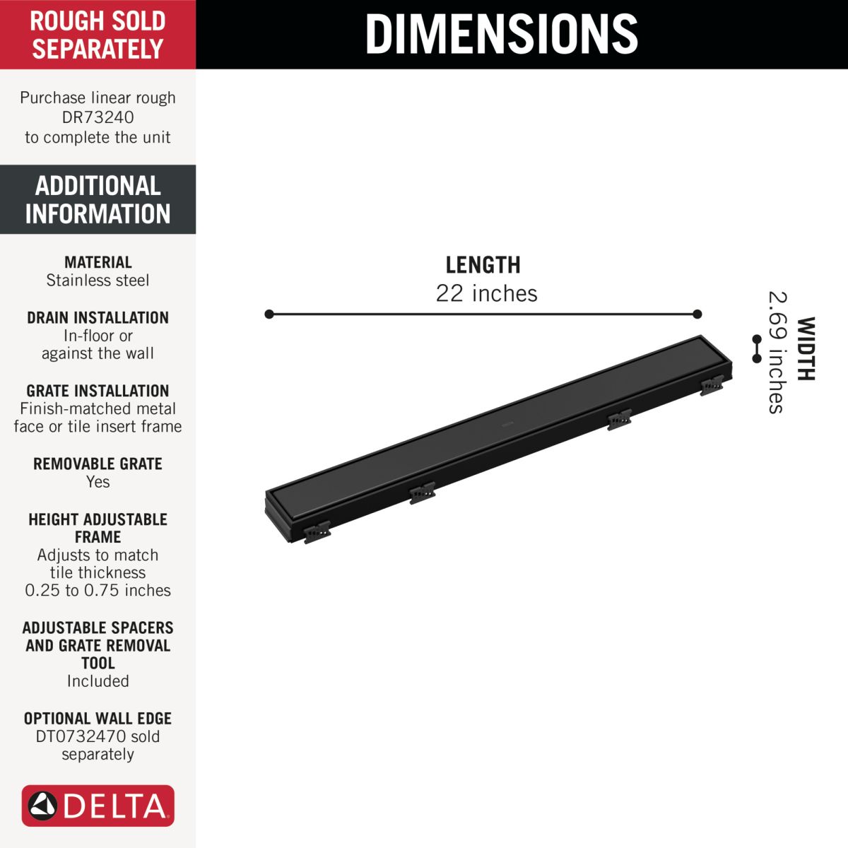DELTA 24" Reversible Linear Shower Drain Trim — Matte Black