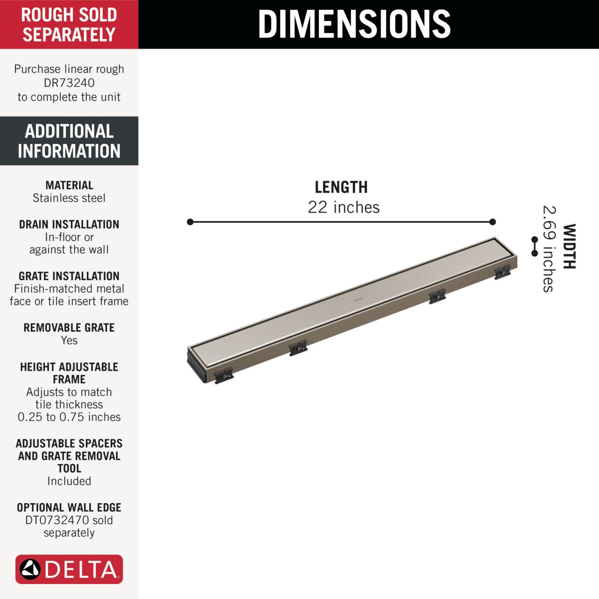 DELTA 24" Reversible Linear Shower Drain Trim — Stainless