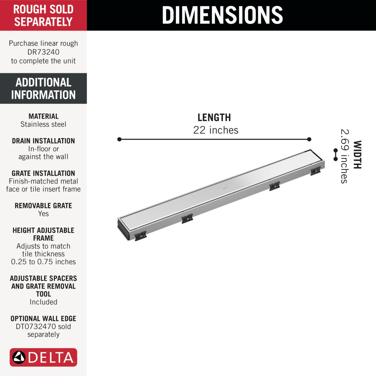DELTA 24" Reversible Linear Shower Drain Trim — Chrome