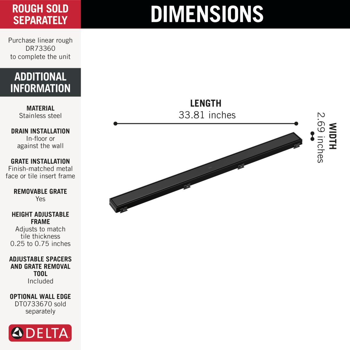 DELTA 36" Reversible Linear Shower Drain Trim — Matte Black
