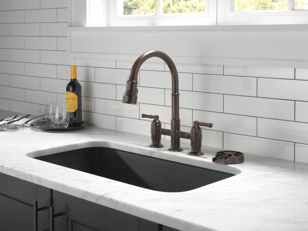 DELTA Broderick Two Handle Pull-Down Bridge Kitchen Faucet — Venetian Bronze