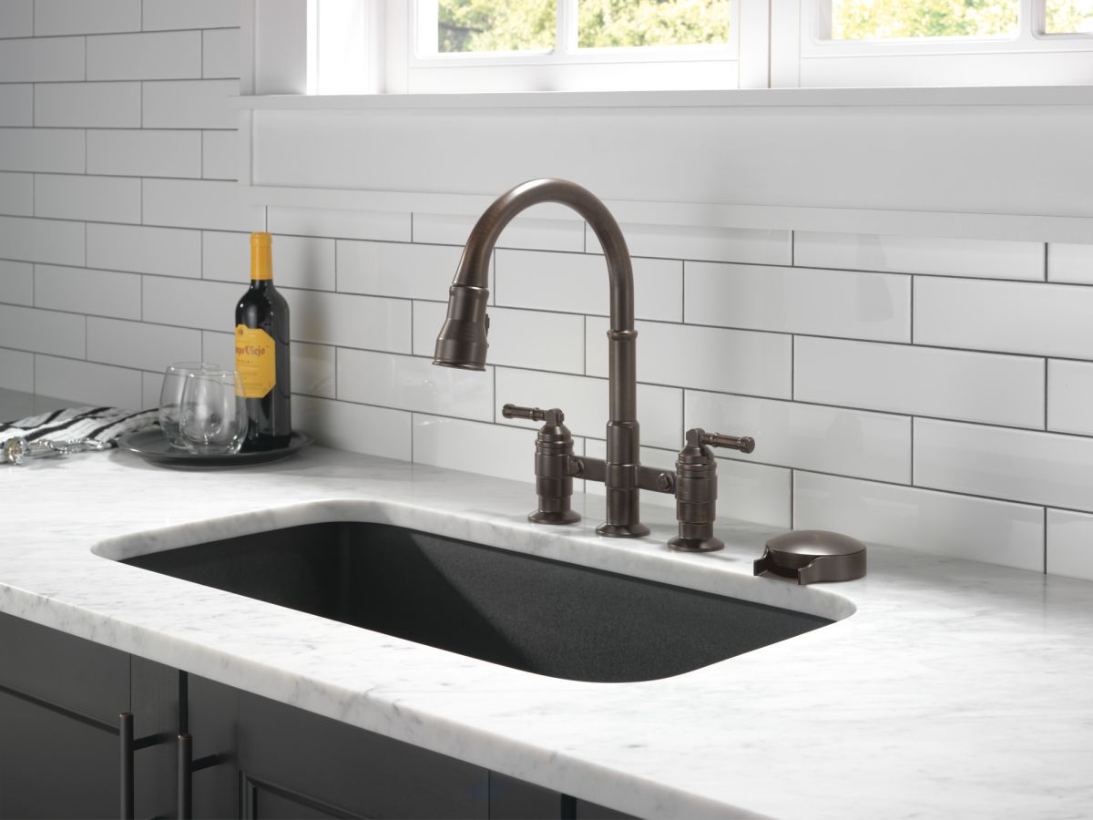 DELTA Broderick Two Handle Pull-Down Bridge Kitchen Faucet — Venetian Bronze