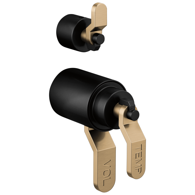 BRIZO Litze Tempassure Thermostatic Valve With Diverter Trim Handle Kit - Industrial Lever — Matte Black/Luxe Gold