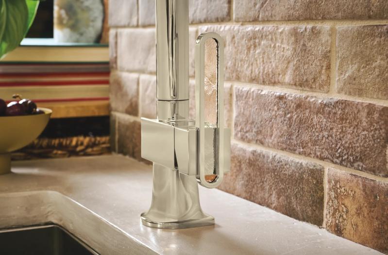 BRIZO Frank Lloyd Wright Pull-Down Kitchen Faucet Arc Lever with Glass Inlay Handle Kit​ — Polished Nickel / Clear