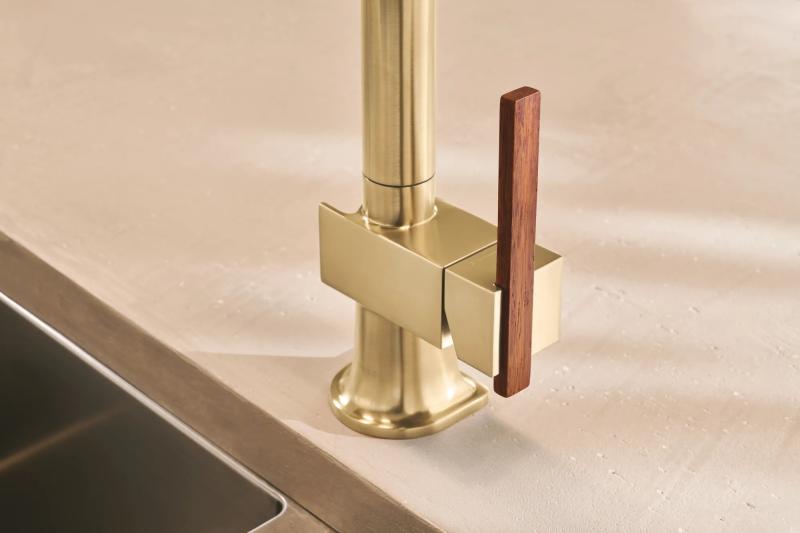 BRIZO Frank Lloyd Wright Pull-Down Kitchen Faucet Offset Wood Lever Handle Kit​ — Luxe Gold / Wood