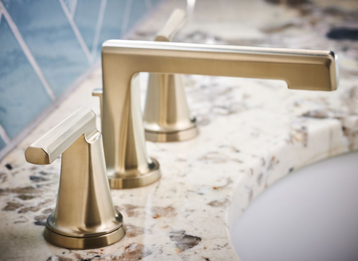BRIZO Levoir Widespread Lavatory Faucet with Low Spout - Less Handles 1.5 GPM — Luxe Gold