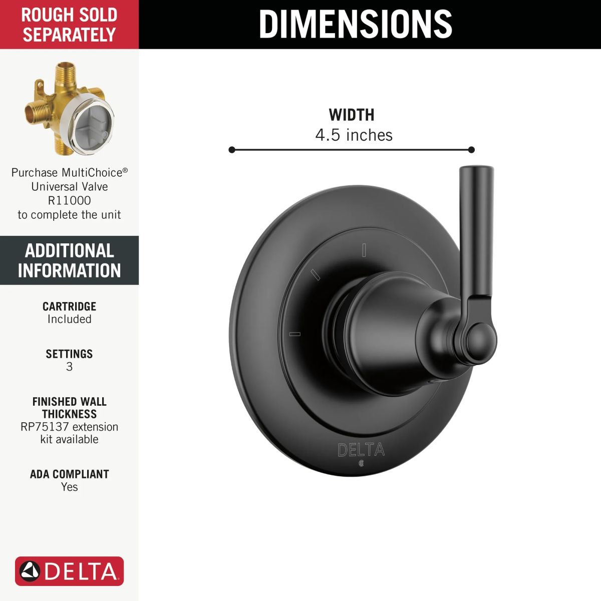 DELTA Saylor 3-Setting 2-Port Diverter Trim — Matte Black