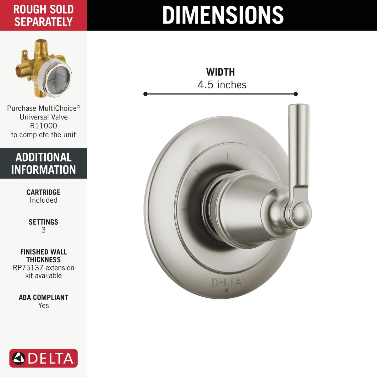 DELTA Saylor 3-Setting 2-Port Diverter Trim — Stainless