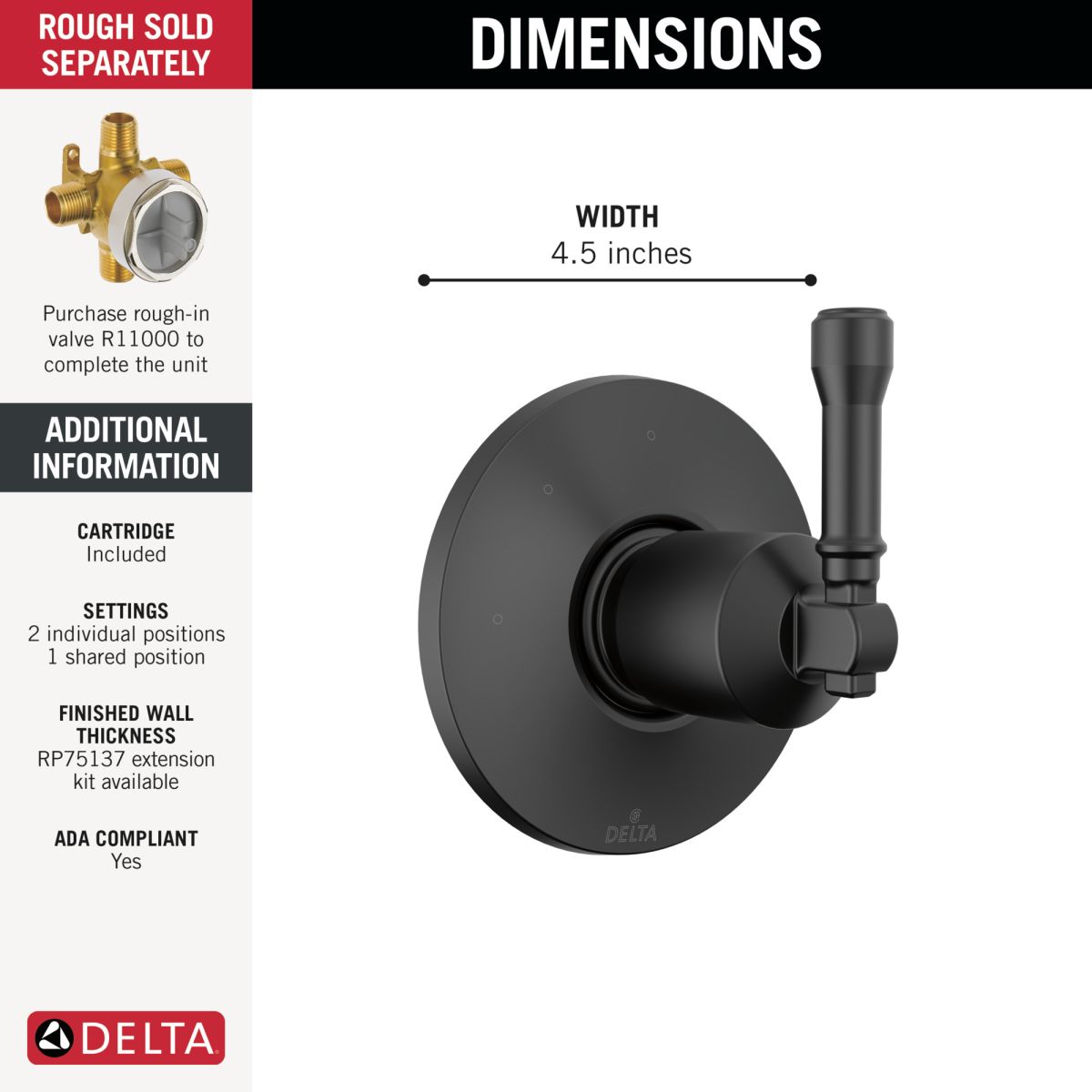 DELTA Broderick 3-Setting Diverter Trim — Matte Black