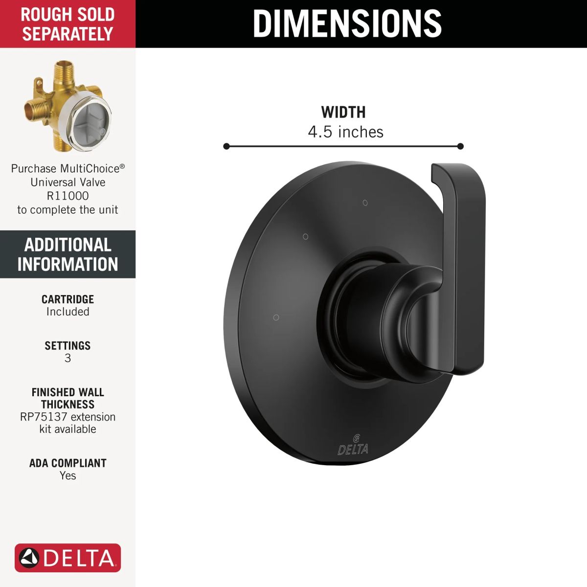 DELTA Tetra 3-Setting Diverter Trim — Matte Black