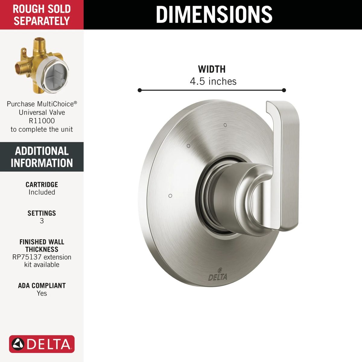 DELTA Tetra 3-Setting Diverter Trim — Lumicoat® Stainless