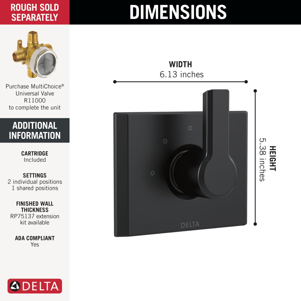 DELTA Pivotal 3-Setting 2-Port Diverter Trim — Matte Black