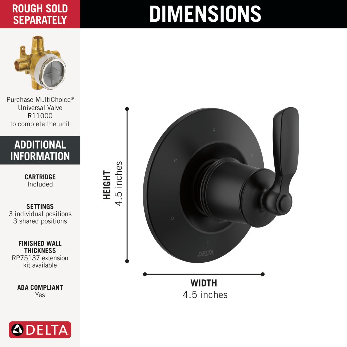 DELTA Woodhurst 6-Setting 3-Port Diverter Trim — Matte Black