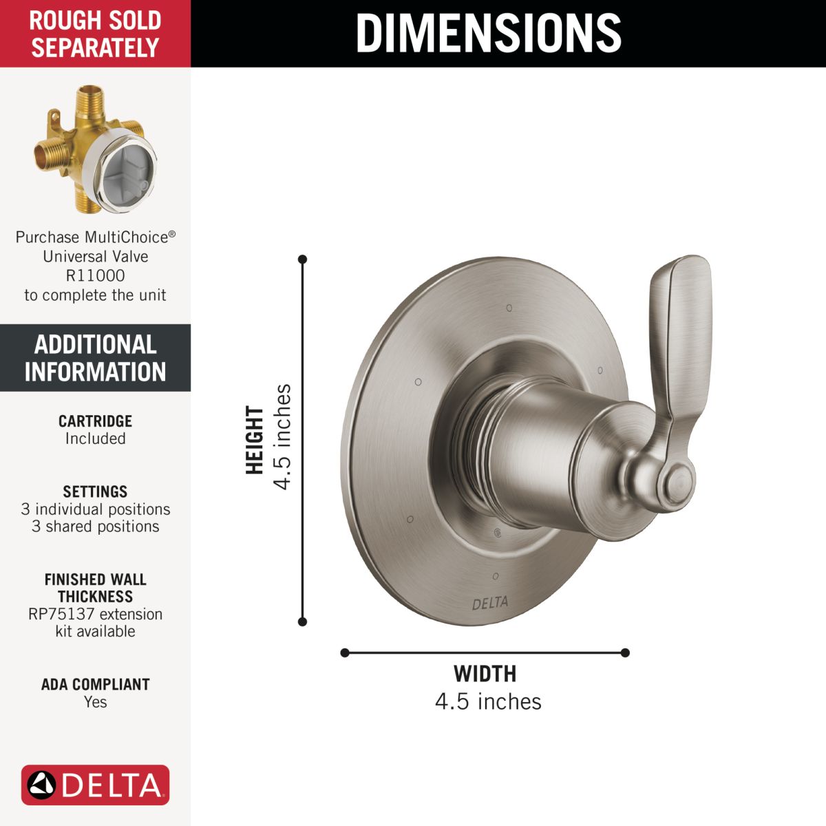 DELTA Woodhurst 6-Setting 3-Port Diverter Trim — Stainless