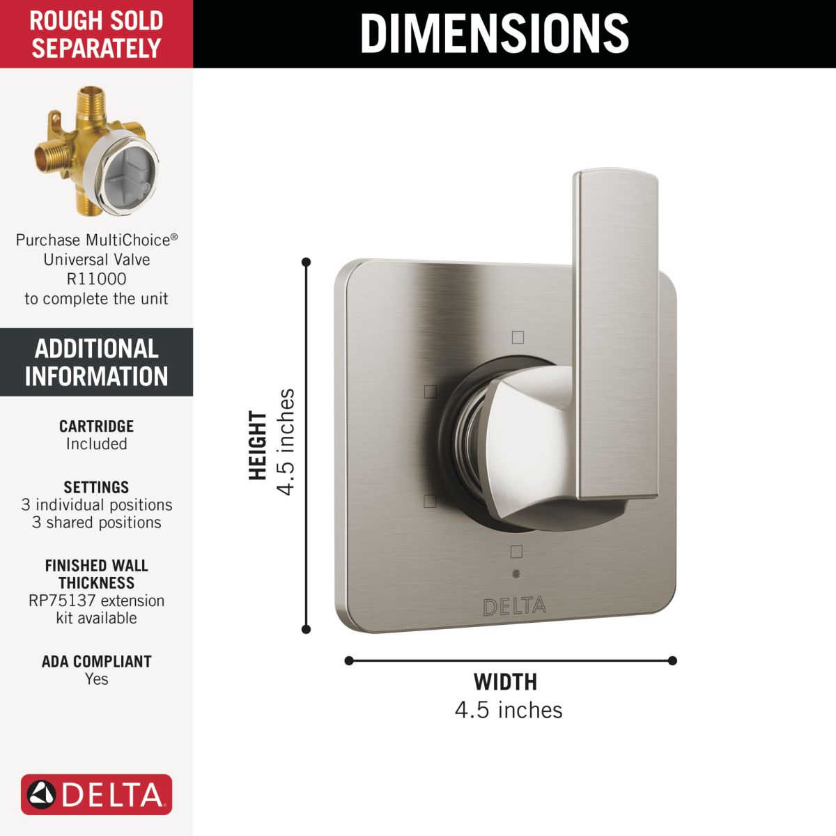 DELTA Velum 6-Setting 3-Port Diverter Trim — Stainless